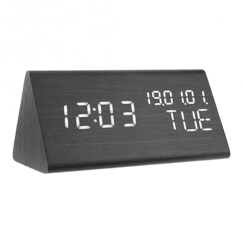 Wood LED Intelligent Sound Control Alarm Clock USB Timer Calendar (Black)