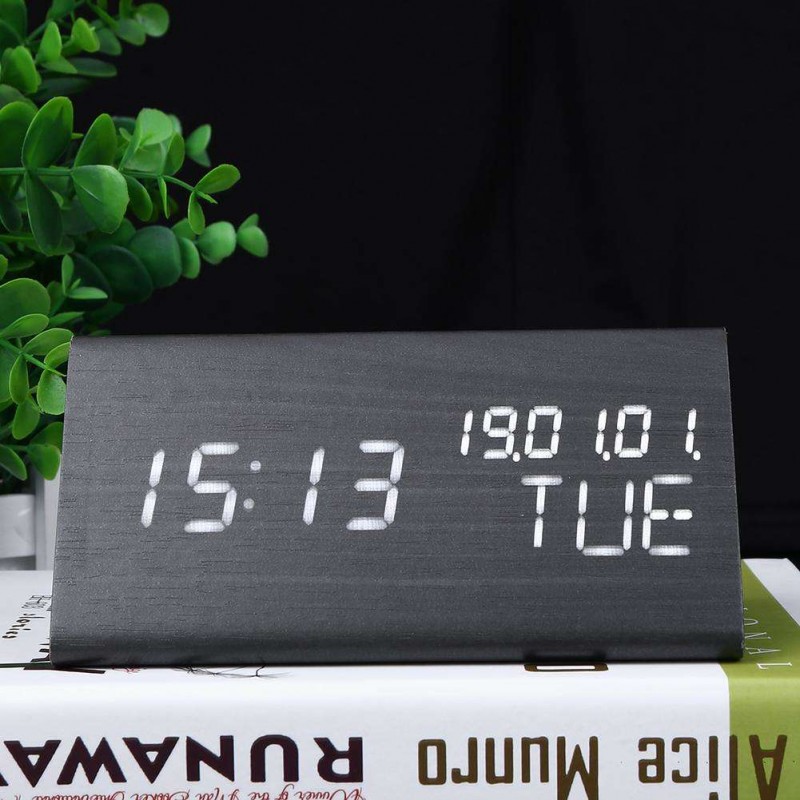 Wood LED Intelligent Sound Control Alarm Clock USB Timer Calendar (Black)