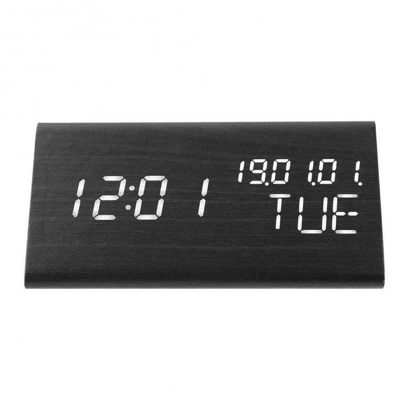 Wood LED Intelligent Sound Control Alarm Clock USB Timer Calendar (Black)