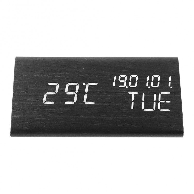 Wood LED Intelligent Sound Control Alarm Clock USB Timer Calendar (Black)