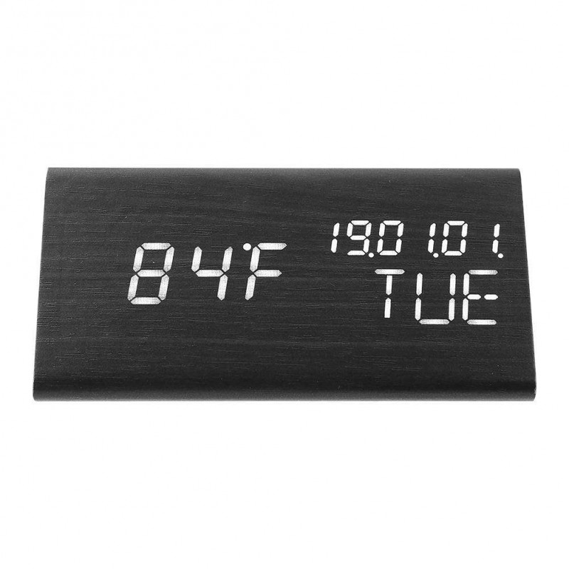 Wood LED Intelligent Sound Control Alarm Clock USB Timer Calendar (Black)