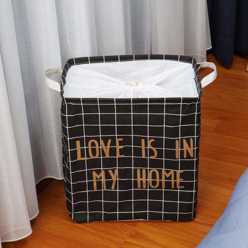 Folding Drawstring Square Laundry Basket Clothes Storage Organizer (Black)