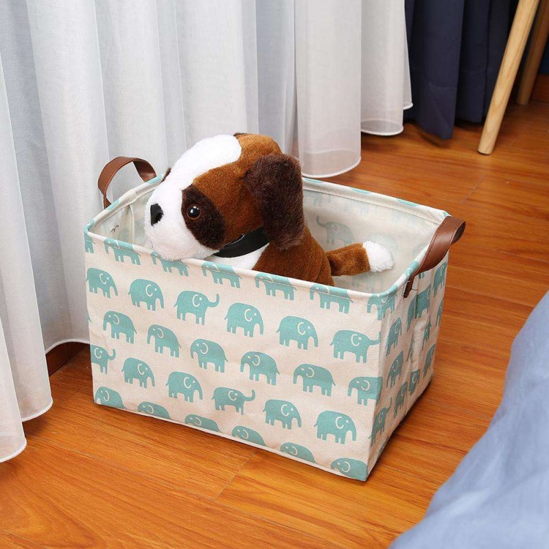 Folding Elephant Print Canvas Square Laundry Basket Storage Organizer (Blue