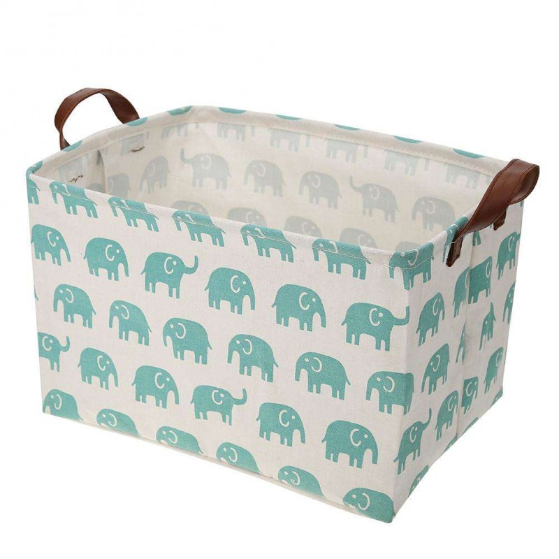 Folding Elephant Print Canvas Square Laundry Basket Storage Organizer (Blue