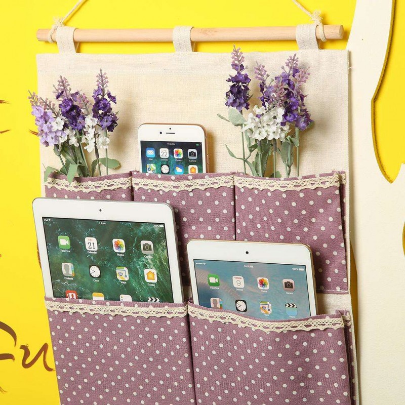 5 Pockets Dots Print Cotton Linen Door Wardrobe Wall Hanging Storage Bags