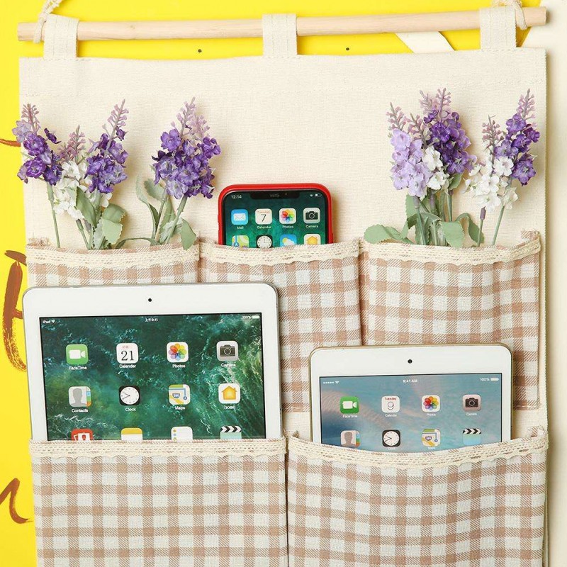 5 Pockets Plaid Cotton Linen Wall Hang Storage Bag Door Wardrobe Pouch(HY-1