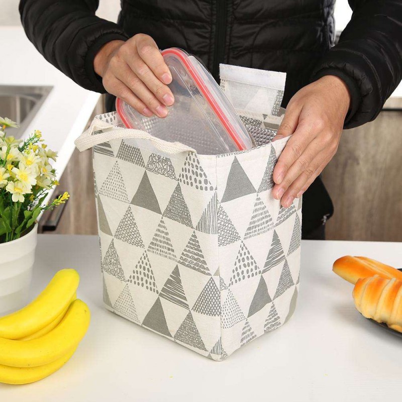 Geometry Cotton Linen Waterproof Lunch Bag Thermal Insulation Bento Pouch