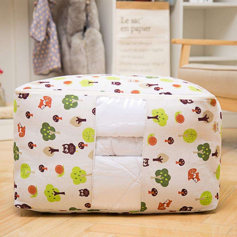 Cotton Linen Portable Quilt Storage Bag Clothing Blanket Closet Organizer(A