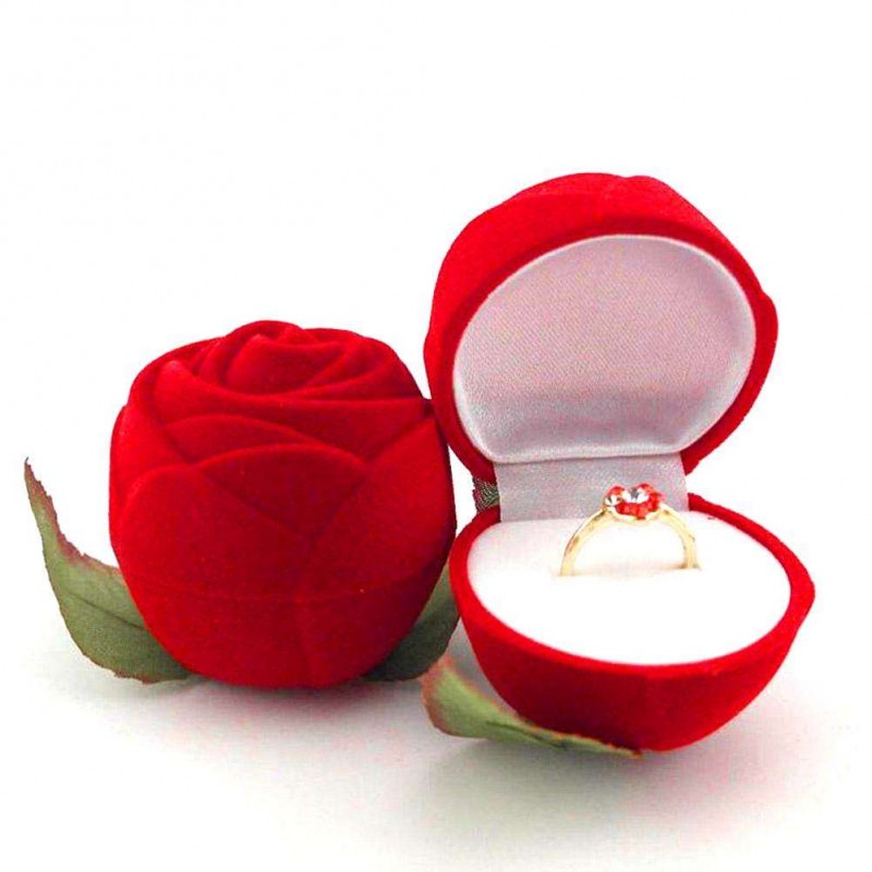 Rose Flower Flocking Ring Box Holder Wedding Valentine Gift Packing Case